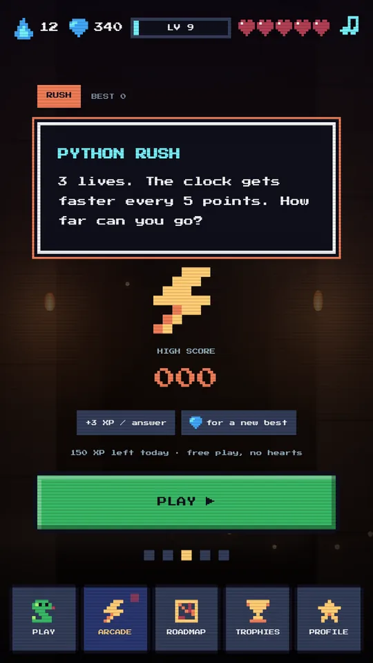 Python Rush arcade mode with lives and a high score